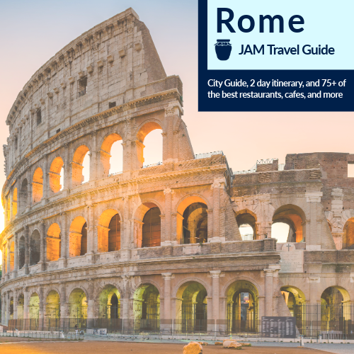 Cover of the JAM Travel Rome Guide – a digital travel guide with a 3-day itinerary, curated tips, and a saved Google Map for exploring Rome