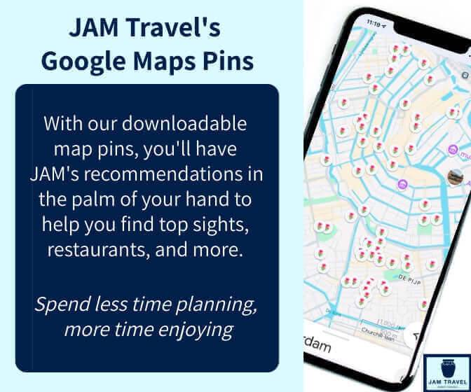 JAM Travel's Google Maps Pins promo showing a phone with map pins and text highlighting downloadable travel tips for Paris and London sightseeing.