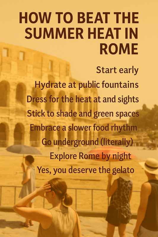 Infographic titled 'How to Beat the Summer Heat in Rome' with tips overlaid on an image of tourists near the Colosseum under a hot sun.