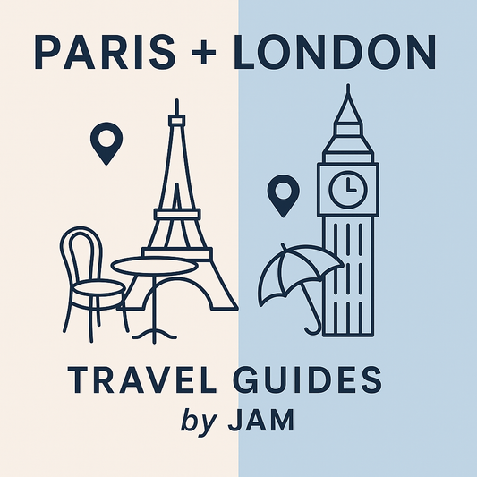 Paris & London Travel Guides cover art featuring Eiffel Tower and Big Ben icons with map pins, ideal for curated city recommendations and maps.