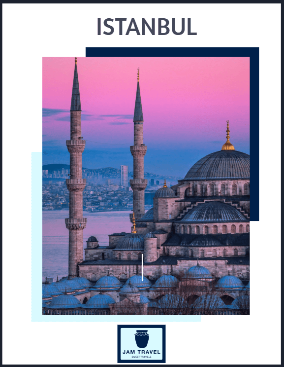 Istanbul Travel Guide eBook cover featuring the Blue Mosque at sunset with a pink and blue sky. Includes expert recommendations and Google Maps pins.