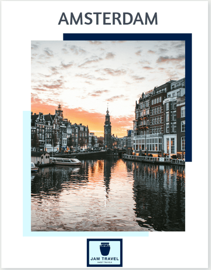 Cover of the Amsterdam Travel Guide by JAM Travel, featuring a scenic canal view at sunset. A must-have digital guide for travelers.