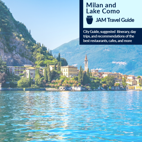 Lake Como and Milan Travel Guide cover featuring a scenic lakeside village with colorful buildings, ideal for planning day trips and itineraries.