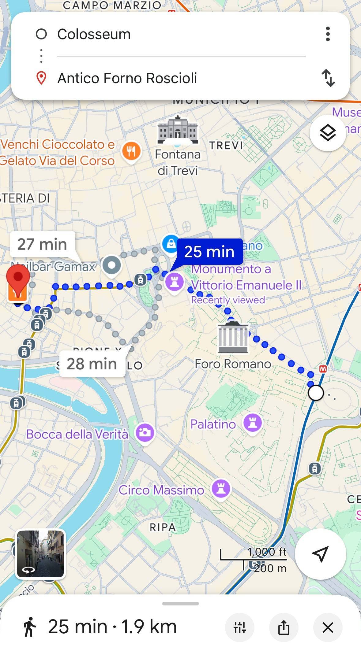 Google Maps screenshot showing walking directions in Rome, used in Paris & London Travel Guides to illustrate route planning with curated pins.