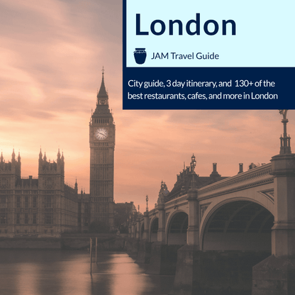 London Travel Guide cover featuring Big Ben at dusk, highlighting a 3-day itinerary and 130+ curated cafes, restaurants, and attractions in London.