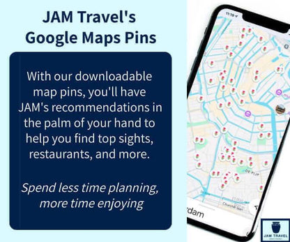 JAM Travel's Google Maps Pins promo showing a phone with map pins and text highlighting downloadable travel tips for Paris and London sightseeing.
