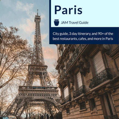 Paris Travel Guide cover with Eiffel Tower at sunset, promoting a 3-day itinerary and 90+ curated spots for dining and sightseeing in Paris.